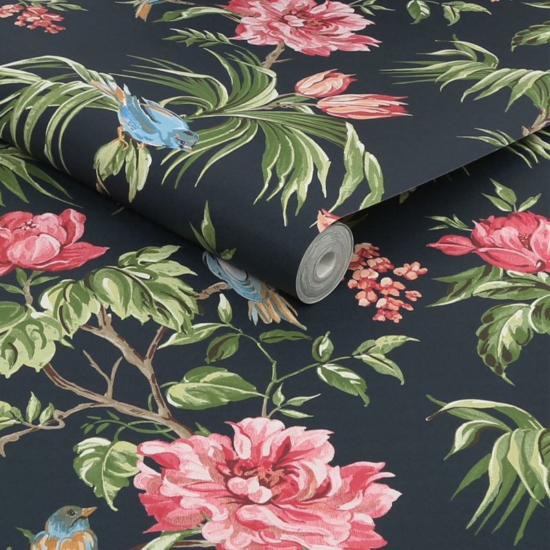 Floral Wallpaper Double Roll, Navy Blue