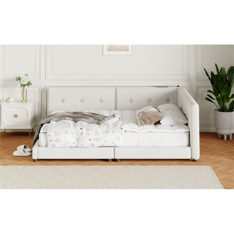 Élégant lit plateforme tapissier moderne avec ports USB et lattes de lin robustes, pour plus de confort et de commodité.