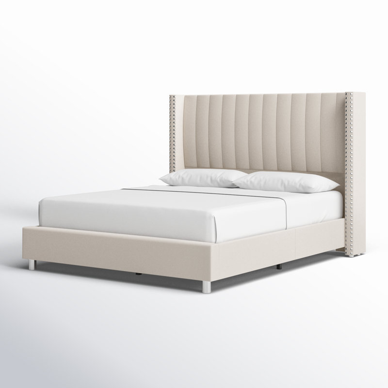 Grand lit plateforme tapissier Addesyn, Grand, Crème