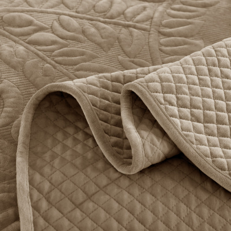 Camel King Size Velvet Quilt Set with Embroidered Leaf Design