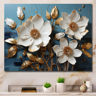 Fleurs blanches et bleues, coquelicots, arbre V - Art mural floral abstrait