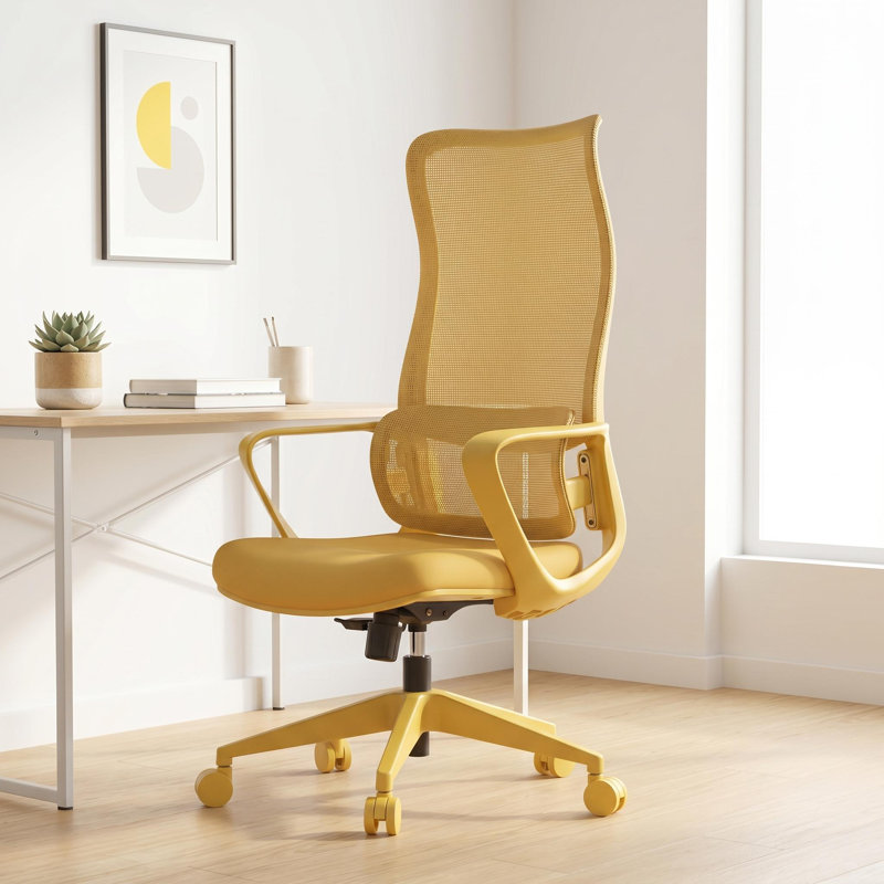 Chaise de travail ergonomique en maille à haut dossier avec support lombaire à 7 niveaux, Jaune moutarde