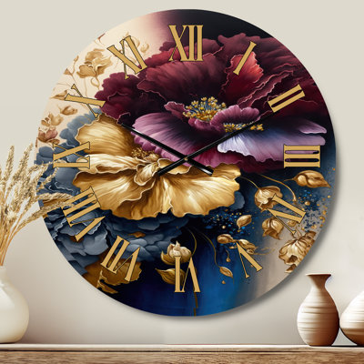 Burgundy And Blue Floral Bunch I - Floral & Botanical Golden Face Wall Clock