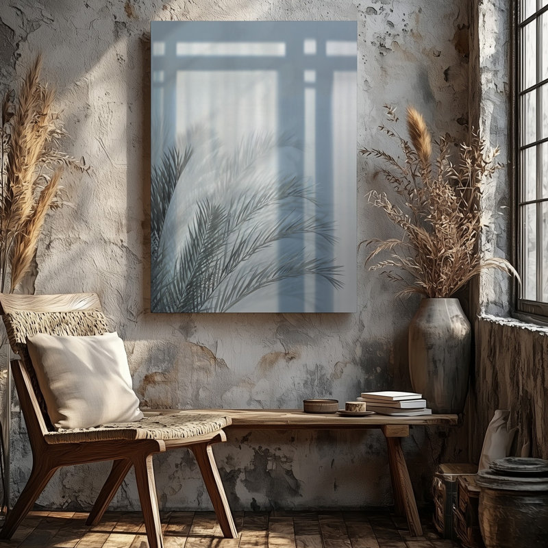 Toile d'une douce composition minimaliste avec des feuilles de palmier délicates dans l'art mural au premier plan rendu dans de subtiles nuances de gris