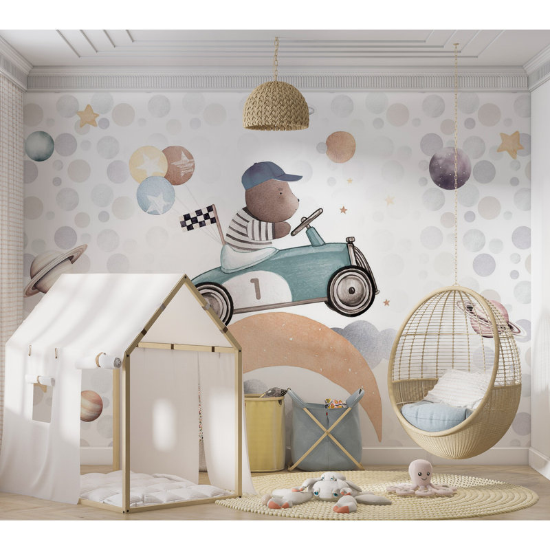 Papier peint pour enfants - Ours en peluche dans une voiture de course, L 137 po x L 100 po