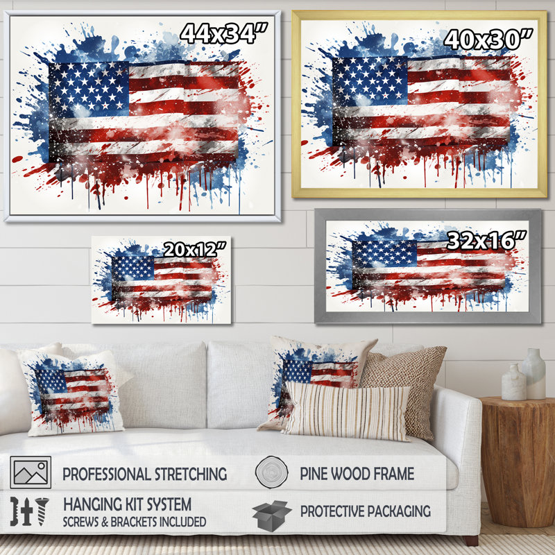 Aquarelle, drapeau américain III - drapeau États-Unis, art mural, Cadre d'angle fermé noir, H 12 po x l 20 po x P 1 po