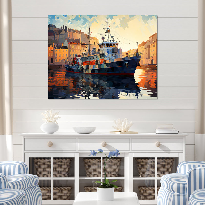Bateau de pêche cubiste au port - Bateau côtier, art mural, Cadre flottant blanc, H 24 po x l 32 po x P 1 po