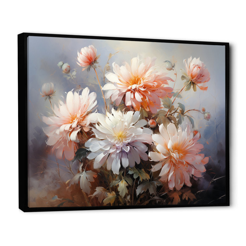 Impression romantique Sulgrave Peach Chrysanthemums III, Cadre flottant noir, H 30 po x l 40 po x P 1,5 po