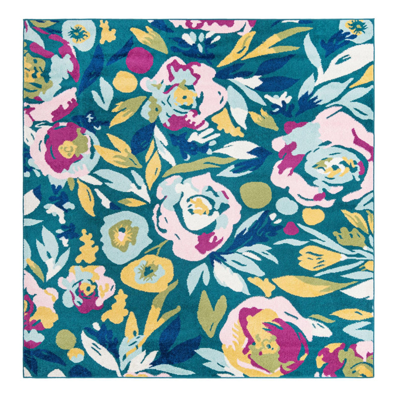 Holle Floral Area Rug, Square 7'10", Teal/Yellow/Pink