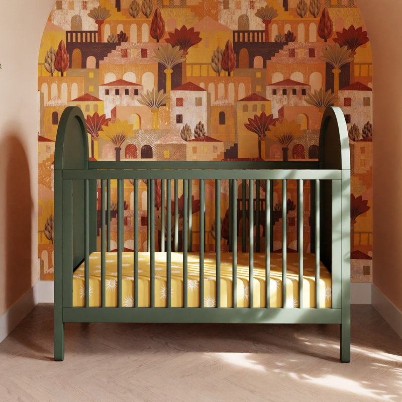 Bondi Cane 3-in-1 Convertible Crib with Toddler Bed Conversion Kit, Forest Green w/ Natural Cane