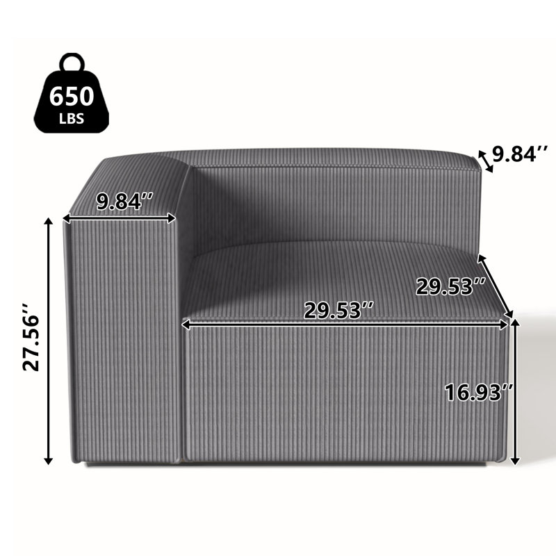 Hershberger-Canapé côté gauche-Gris-1/5, Velours côtelé gris