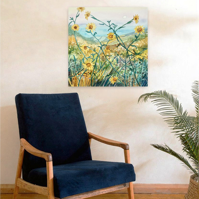 Fleurs ensoleillées, vue sur l'océan, H 24 po x l 24 po