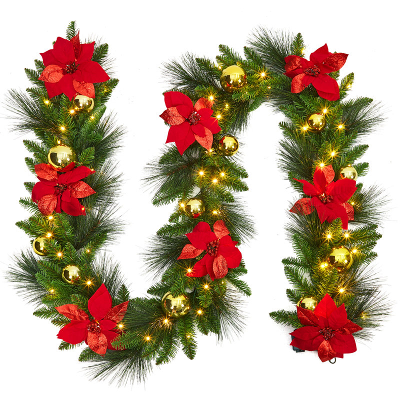 Pre-Lit Artificial Christmas Garland with LED Lights – Red & Gold Flowers and Ornaments – Reusable Pine Needle Wreath for Stairs, Fireplace, Door – 9FT PVC/PE Mixed Christmas Flower Vine