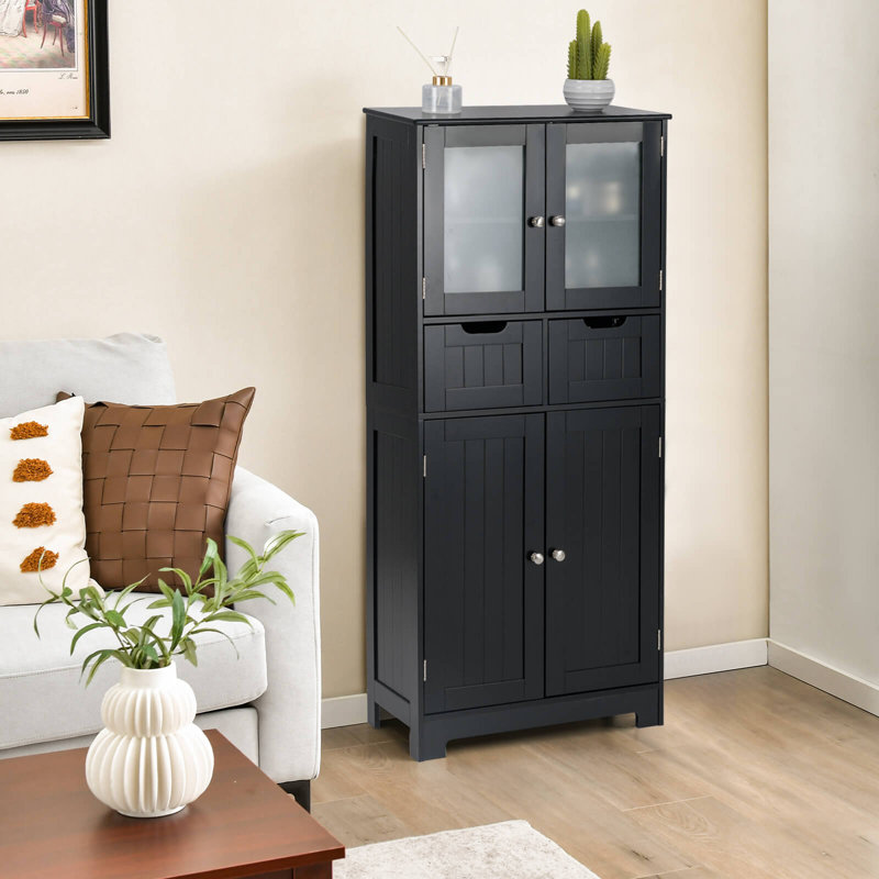 Bathroom Floor Storage Cabinet Kitchen Cupboard With 2 Drawers & Glass Doors Black