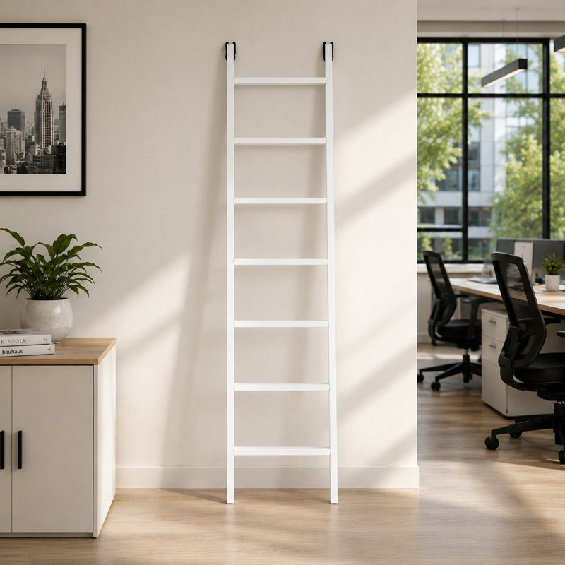 75.4" H Elegant Solid Pine Bookshelf Ladder with Secure Hooks, 220lbs, White