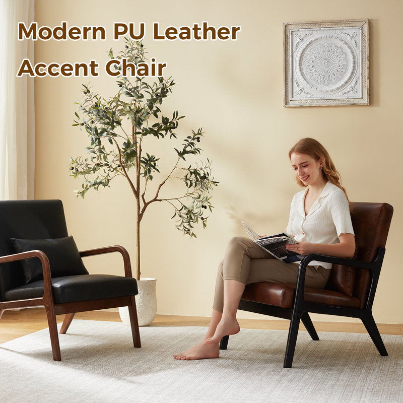 Mid-Century Modern Faux Leather Accent Armchair with Pillow, Solid Wood Frame, Vintage Brown