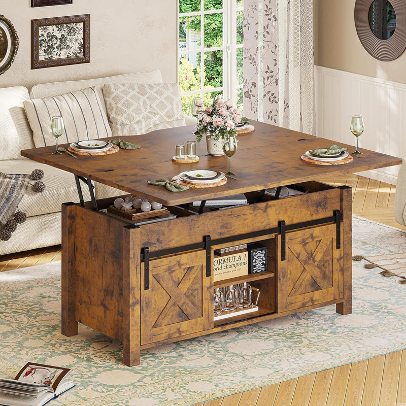 Lonan Coffee Table  Farmhouse Coffee Table with Storage and Hidden Compartment, Rustic Brown