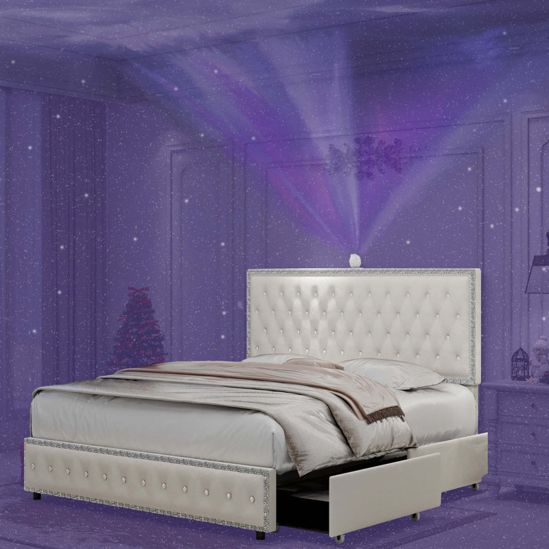 Upholstered Platform Storage Bed Frame With Galaxy Projector, 4 Dustproof Storage Drawers, Adjustable Vintage Nailhead Trim Headboard