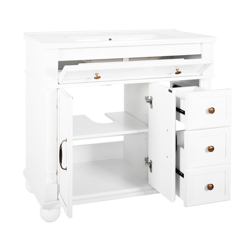 Meuble-lavabo autoportant de style Mid-Century, 90,4 cm (35,6 po), blanc, imperméable et design, tiroirs de rangement, lavabo profond, base à colonnes romaines, bois massif, poignées en métal, résistant à l'usure.