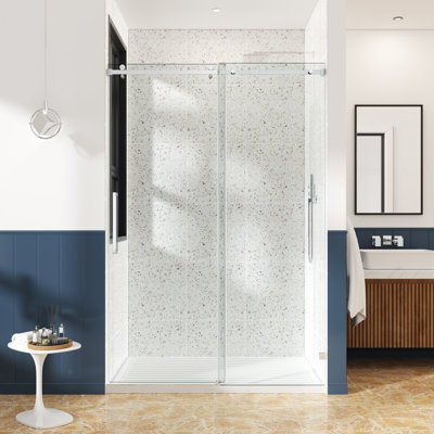 62-67" W X 72" H Frameless Single Sliding Shower Door with 3/8" (10mm) Clear Tempered Glass, Shatter-Resistant Film & Installation Hole Locator - Square Top Rail