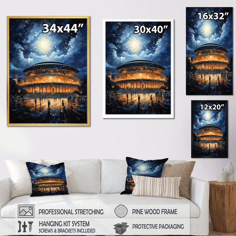 Stade avec projecteur pointillisme, art mural salon, Cadre flottant doré, H 32 po x l 16 po x P 1 po