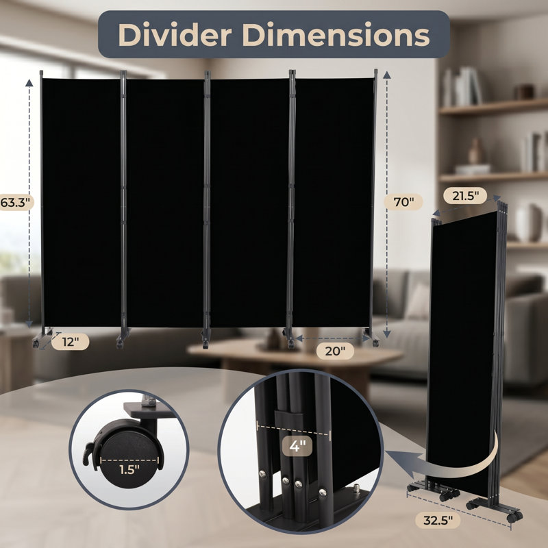Cloison de 6 pieds sur roulettes verrouillables ECOMCGEIO, base en métal épaissie, cloison murale autoportante pliable en tissu noir à 4 panneaux pour la séparation des pièces