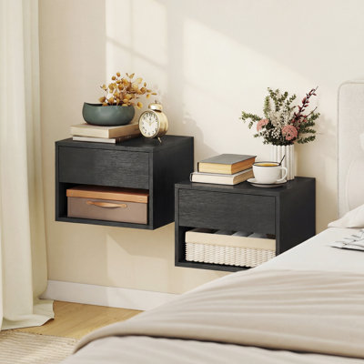 Floating Nightstand Set of 2 with Drawer and Shelf, Black