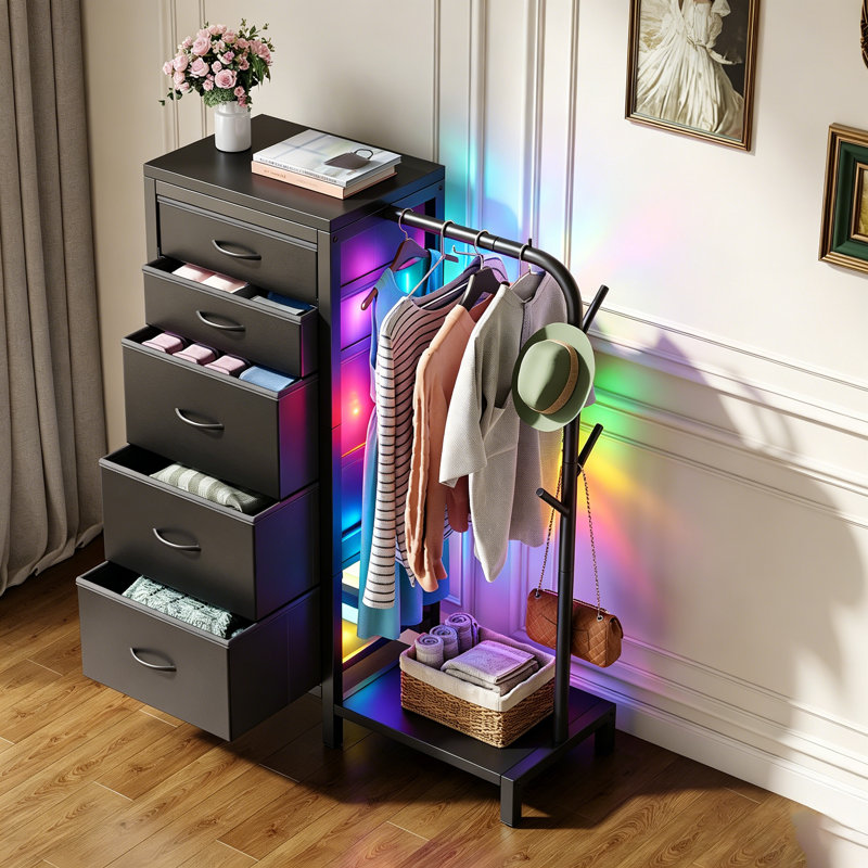 40cm W 5 - Drawer Chest of Drawers,Dresser with Hanging Rack,Extra Large Capacity Drawers with Huge Storage Space, Reversible Dresser for Bedroom with 5 Fabric Drawers & 2 Coat Racks & without Charging Station and LED Lights