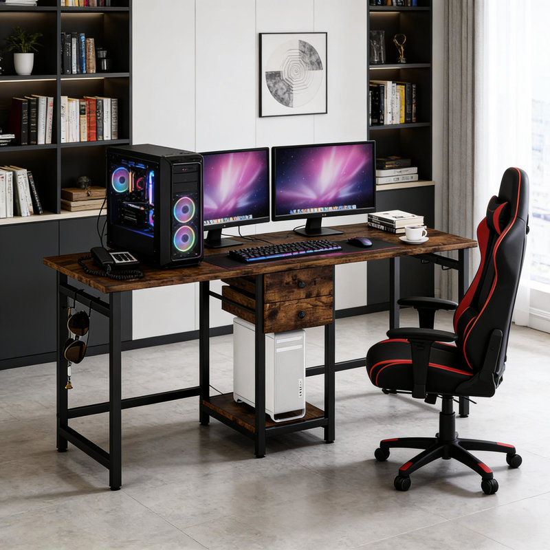 Bureau à deux places, table de jeu double - grand espace de travail double avec tiroirs, tablette ouverte et crochets de sac à dos. Patins anti-bruit Scratch. Convient au bureau, aux réunions, aux études et aux jeux. Imperméable