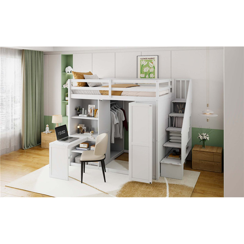 Lit mezzanine double avec garde-robe, bureau et tablettes