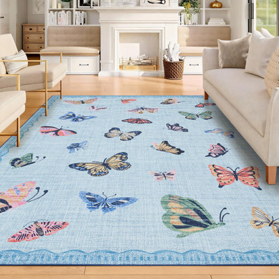  Area Rug 9x12, No Slip Washable, Modern Butterfly Pattern Area Rug, Low-Pile Design Rug, Under Bed Carpet, for Living Room Bedroom Dining Room and Home Office, Light Blue
