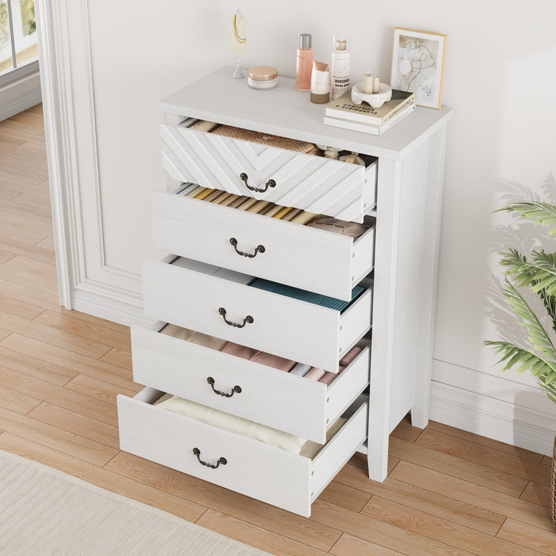 45.2" Tall Farmhouse 5 Drawer Dresser for Bedroom, Freestanding Vertical Wooden Closet Storage Chest, White