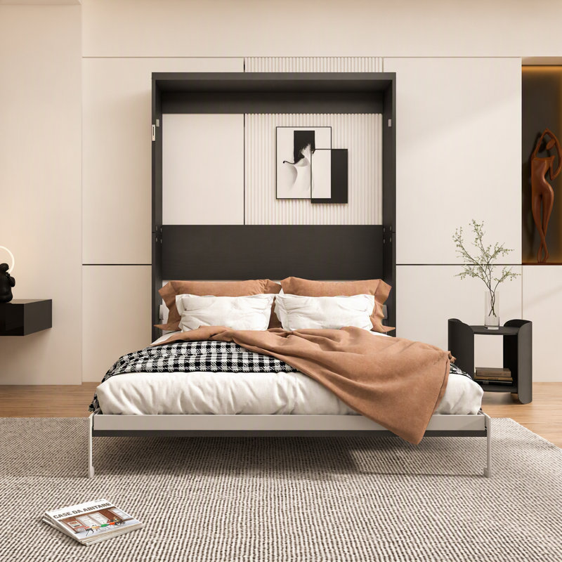 Grand lit escamotable mural, cadre de lit noir et peu encombrant pour chambre à coucher, chambre d'amis, bureau à domicile
