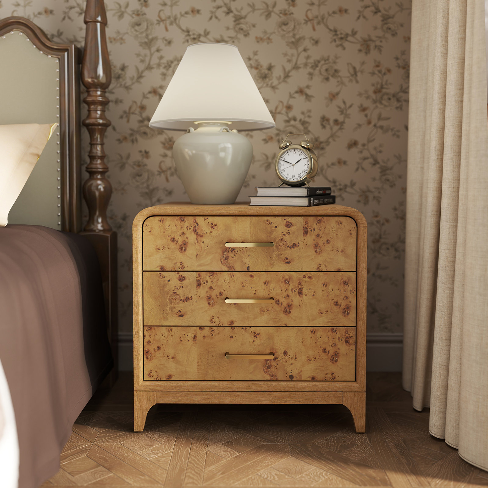 Adden Burl Wood 3-Drawer Nightstand, Oak