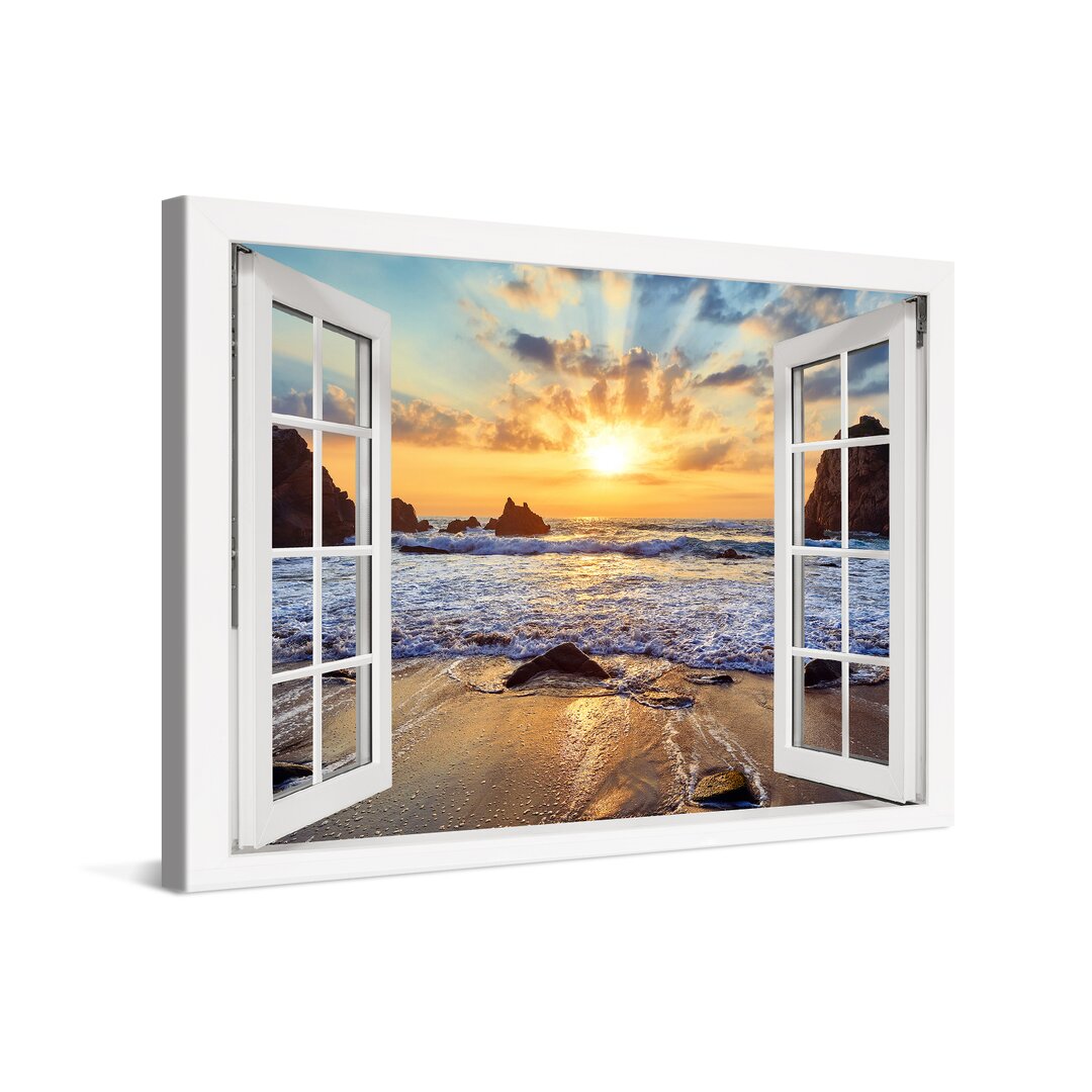 Leinwandbild Sunset Over Rocky Beach Window Xcm – Premium Leinwanddruck – Kunstdruck Auf Cm Holz-Keilrahmen Für Schlaf- ...