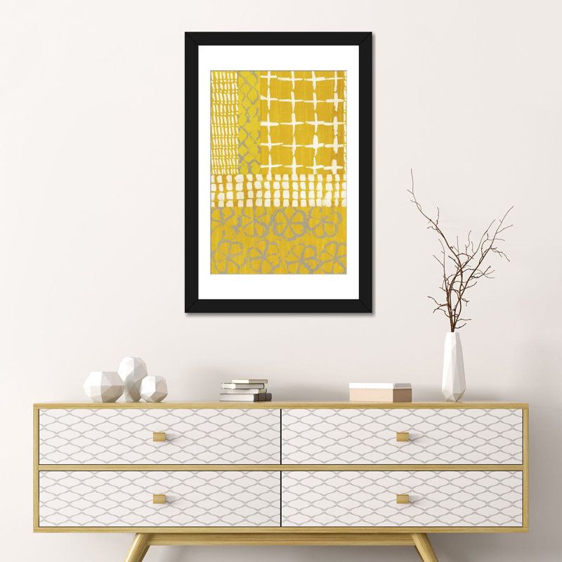 «Golden Blockprint I», impression sur toile, H 24 po x l 16 po x P 1 po, Papier d'art encadré noir, Blanc