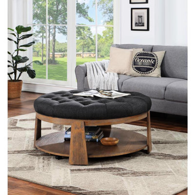 Style transitionnel avec siège rembourré en lin, capitonnage à boutons profonds et tablette inférieure ouverte, placage de bois, bois massif beige / gris foncé, finition foncée