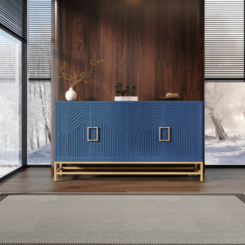 Sideboard Buffet Cabinet With Storage, Sideboard Cabinet With Adjustable Shelves, Rectangular Metal Handles And Legs For Kitchen, Living Room, And Dining Room, Navy