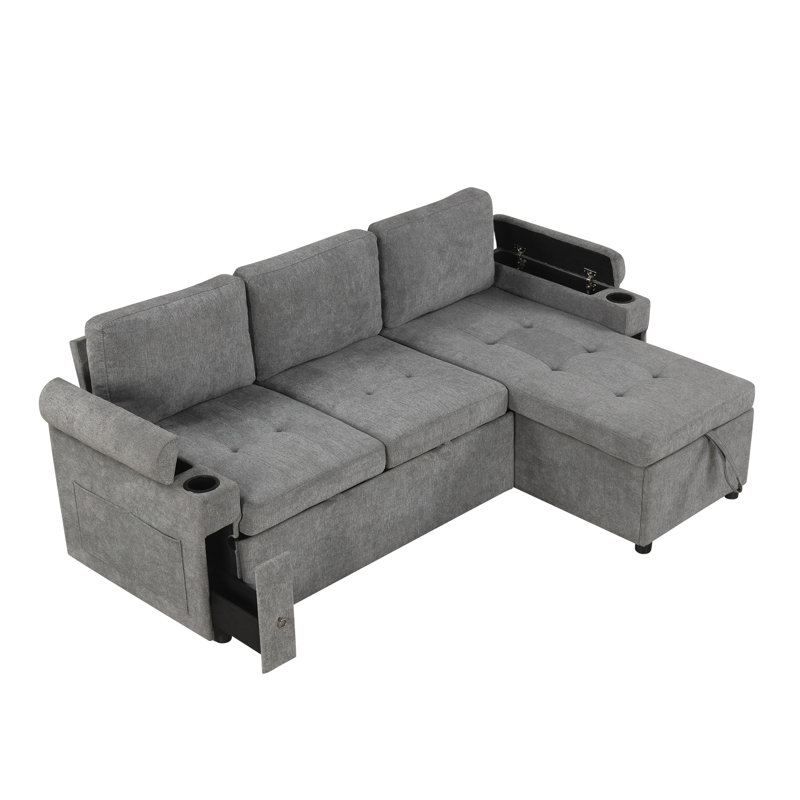 83.5" L-Shaped Sofa Couch Convertible Sofa Bed Sectional Sofa With Ample Storage Space, Two Cup Holders And Two USB Ports For Living Room, Gray