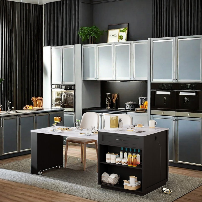 Multifunctional Kitchen Island With Extendable Table, Built-In Power Outlet, And Adjustable Shelves For Small Kitchens, Black