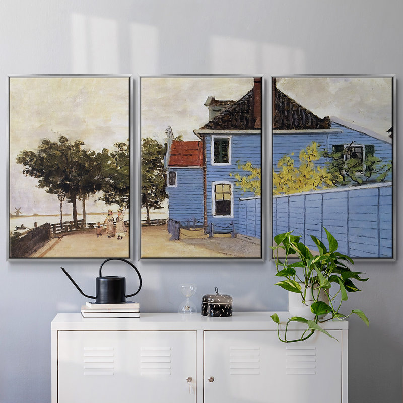 The Blue House at Zaandam, 1871 - Toile encadrée multi-pièces, H 40 po x l 78 po x P 2 po, Encadrement argenté