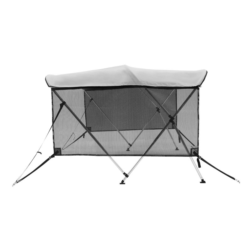 Bâche de bateau Bimini à 3 arceaux avec parois latérales en filet détachables, toile en polyester 600D, cadre en aluminium, housse de rangement incluse, gris pâle (environ 1,83 m L x 155-168 cm l x 117 cm H)