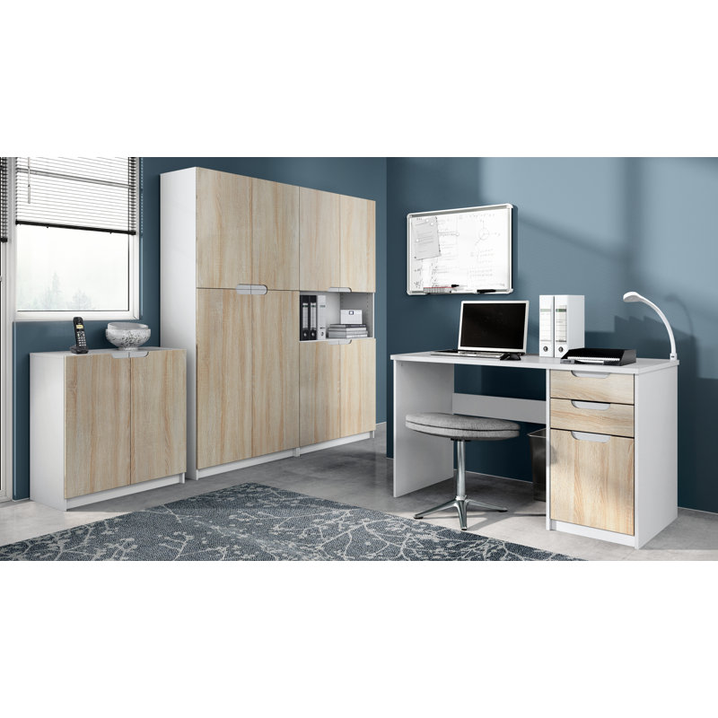 Mazeppa 3 Piece Writing Desk Office Set, Oak Sawed/White Base