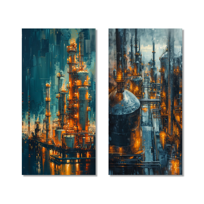 Raffinerie de pétrole brut la nuit I - ensemble de 2 impressions murales en métal industriel jaune, H 32 po x l 32 po