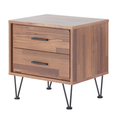 2 tables d'appoint en noyer avec pieds en épingle en métal stables, 2 tiroirs de rangement pratiques et des pieds à la mode