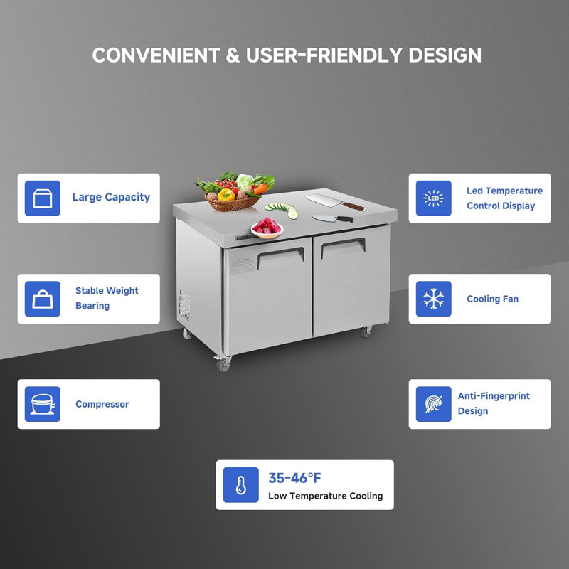 Commercial Refrigerator, 48" Undercounter Worktop Refrigerator,12.85 cu. ft W Double Door Thick Stainless Steel Refrigerator Sandwich Salad Prep Station Cooling with Cutting Board,12 Pan