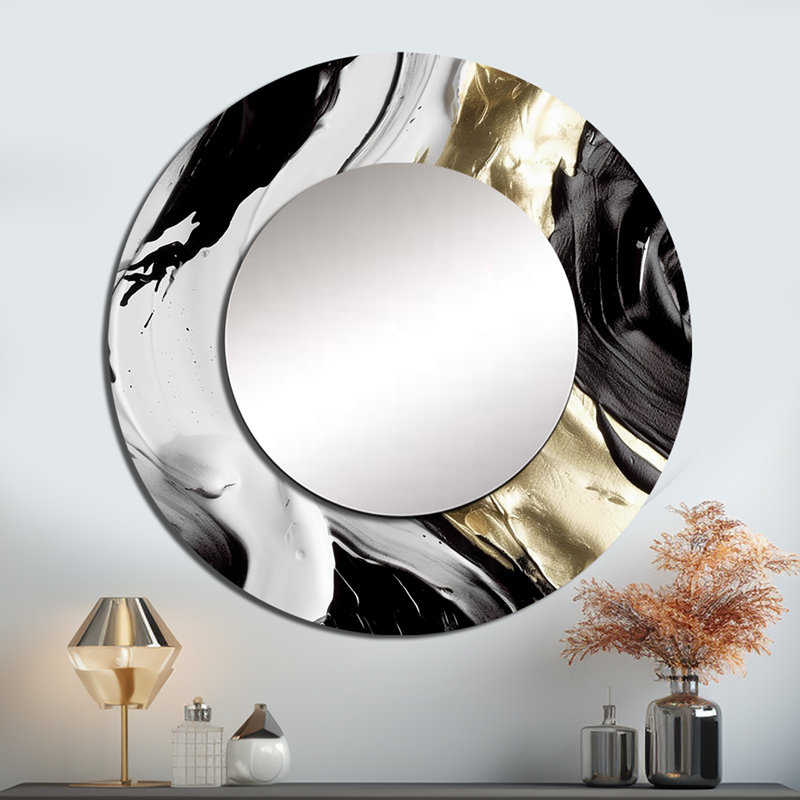 Seidi, exquis Darling or abstrait vague sur fond noir IV - peinture abstraite grand miroir mural, miroir rond unique moderne, art imprimé en métal