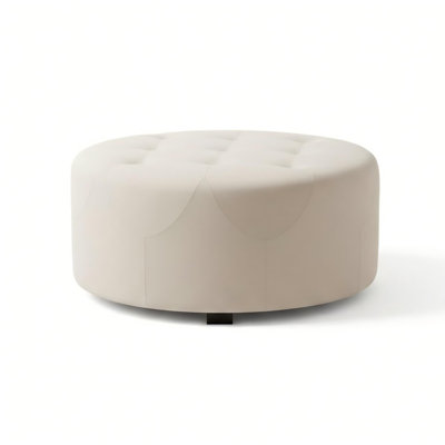 Upholstered Button Tufted Round Ottoman, Beige