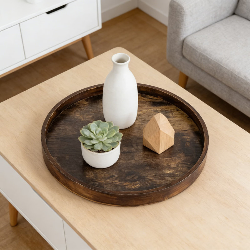 Rustic Round Wood Tray For Coffee Table Decor, Farmhouse Centerpiece And Home Organization, 12 Inch Decorative Display Tray For Living Room, Ottoman And Countertop
