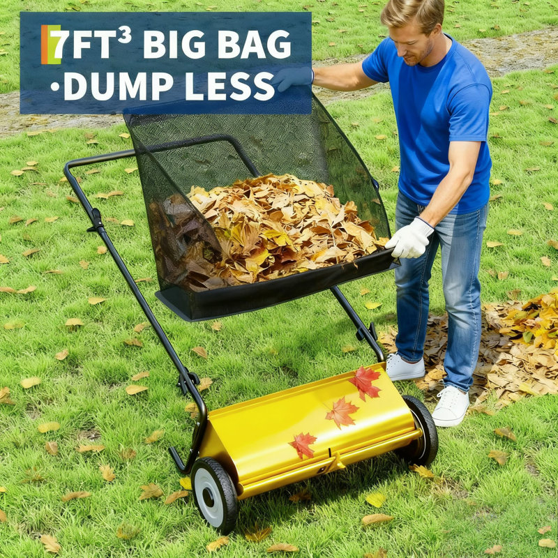 Efficient 26-Inch Push Lawn Sweeper – 7 Cu. Ft. Grass Cutter, 4 Spinning Brushes, Adjustable Height, Heavy-Duty Steel Frame, Rubber Wheels, for Leaves, Grass, and Debris Collection